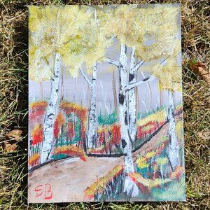 PATH THROUGH THE AUTUMN BIRCH FOREST Birch Trees Painting Signed
